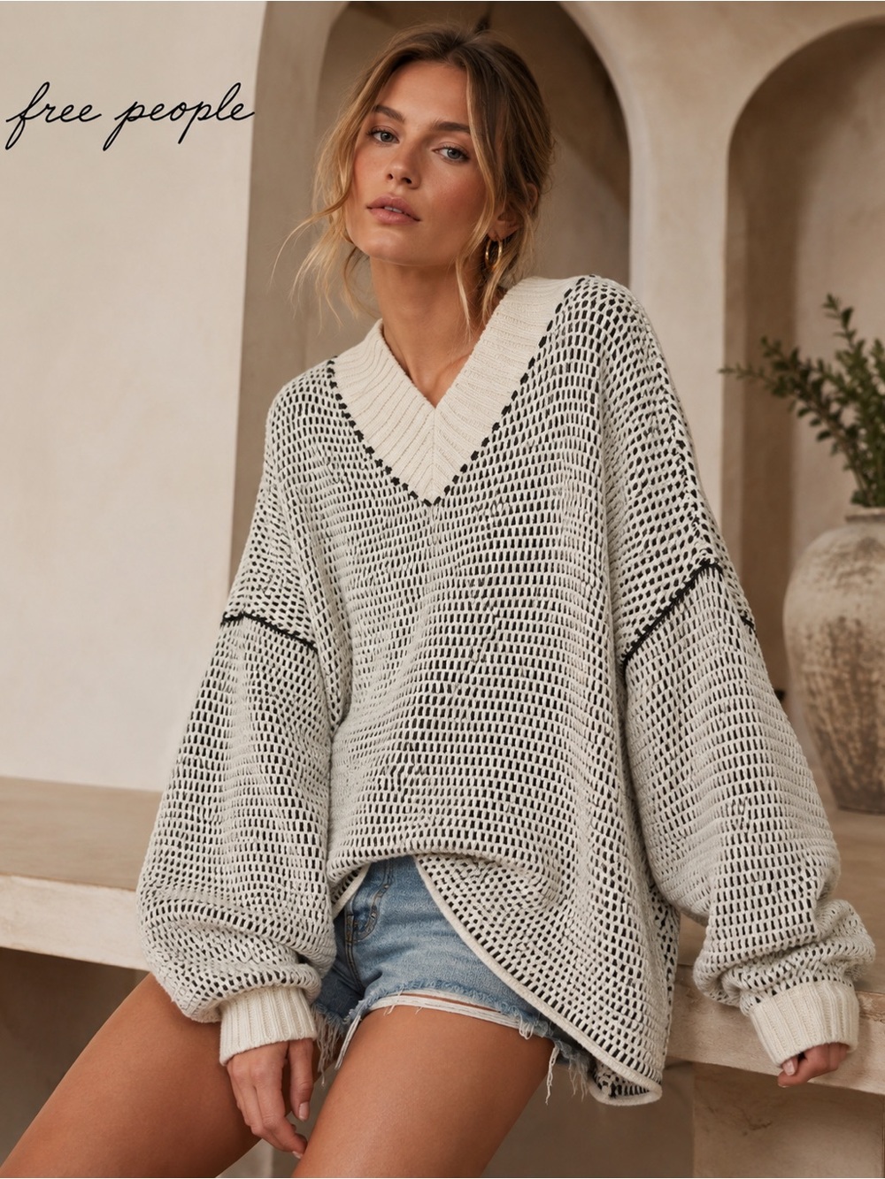 Free People Maisie Oversize Sweater Ivory Black Waffle Knit  XS Travel Cabin
